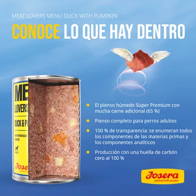Texto: CONOCE LO QUE HAY DENTRO. El pienso húmedo Super Premium con mucha carne adicional (65 %), pienso completo para perros adultos, transparencia total en componentes, huella de carbono cero al 100 %. Josera.