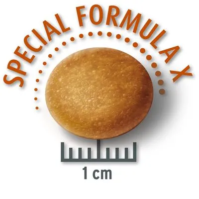 Crocchetta tonda con testo 'SPECIAL FORMULA X' e scala che indica diametro di 1 cm.