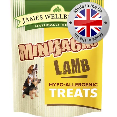 MiniJacks lamb hypo-allergenic treats, made in the UK, as shown on product packaging with two dogs pictured.