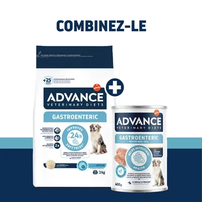 Advance Veterinary Diets Gastroenteric pour chien, sac 3 kg et boîte 400 g, avec texte 'IMPROVES in 24h SOFT FECES' et 'HELPS INTESTINAL HEALTH', saveur poulet visible.