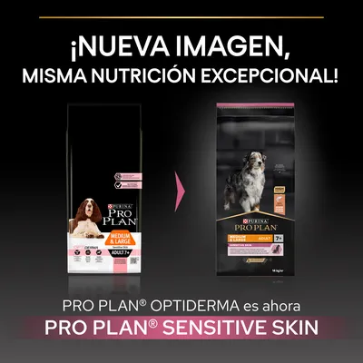 Cambio de imagen: PRO PLAN OPTIDERMA es ahora PRO PLAN SENSITIVE SKIN. Misma nutrición excepcional para perros adultos Medium & Large 7+. Se muestran ambos envases.