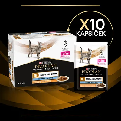 PURINA PRO PLAN VETERINARY DIETS NF RENAL FUNCTION ADVANCED CARE pro kočky, 10 kapsiček, 850 g. Viditelný text: isfm, VETERINARY NUTRITION, obrázek kočky.