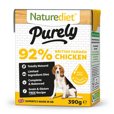 92% British farmed chicken, totally natural, limited ingredient diet, complete and balanced, grain and gluten free recipe, with added vitamins and minerals, 390g.