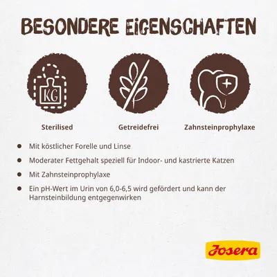 Texte en allemand : Sterilised, Getreidefrei, Zahnsteinprophylaxe. Liste de caractéristiques pour chats stérilisés, sans céréales, prévention du tartre. Marque Josera visible.