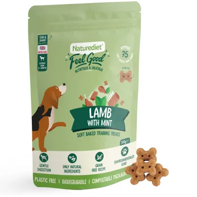 Lamb with mint soft baked training treats, approx 75 mini bones per pack. Gentle digestion, only natural ingredients, grain free recipe, environmentally kind, plastic free packaging.
