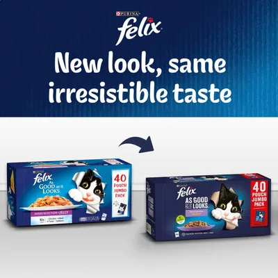 Purina Felix As Good As It Looks 40 pouch jumbo pack, old and new packaging shown with text: New look, same irresistible taste.