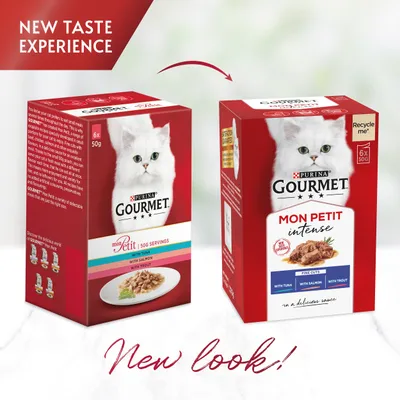 Image shows packaging change for Purina Gourmet Mon Petit cat food, highlighting new look and taste experience. Both old and new boxes display flavours: tuna, salmon, trout.