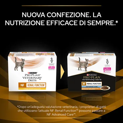 Confronto tra vecchia e nuova confezione di Purina Pro Plan Veterinary Diets NF Renal Function per gatti, con testo: 'Nuova confezione. La nutrizione efficace di sempre.'