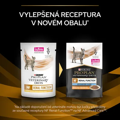 PURINA PRO PLAN VETERINARY DIETS NF Renal Function – srovnání starého a nového obalu, text: Vylepšená receptura v novém obalu. isfm, Veterinary Clinical Nutrition.