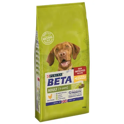 Bag showing Purina Beta Adult with chicken, for ages 1+ years. Highlights: new improved recipe, no added artificial colours, flavours or preservatives, prebiotic for digestive health, 14kg.