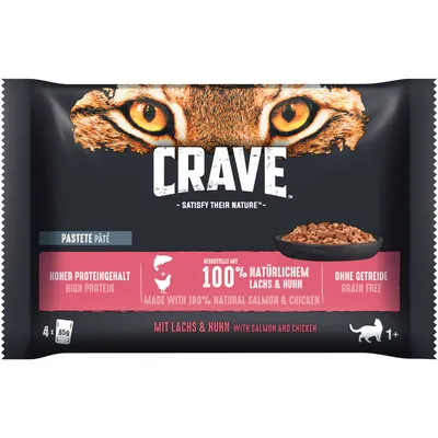Crave Pastete mit Lachs und Huhn, hoher Proteingehalt, hergestellt mit 100% natürlichem Lachs und Huhn, ohne Getreide. Packungsgrösse: 4x85g, geeignet für Katzen ab 1 Jahr.