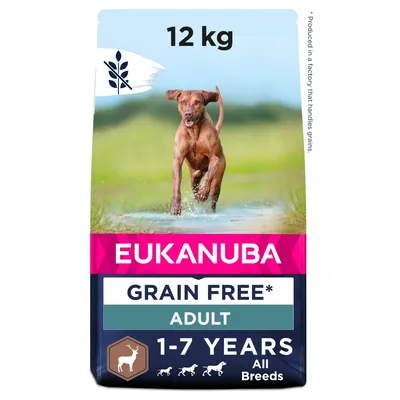 12 kg bag labelled grain free, adult, 1-7 years, all breeds. Contains image of a running dog and deer icon. Produced in a factory that handles grains.