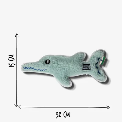 Soft toy shaped like a crocodile with dimensions shown as 15 cm high and 32 cm long.