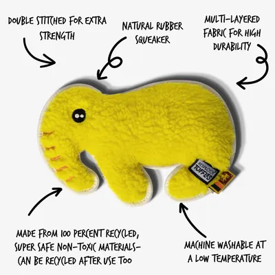 Toy features: double stitched for strength, natural rubber squeaker, multi-layered durable fabric, made from 100% recycled non-toxic materials, machine washable at low temperature.