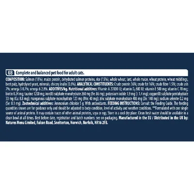 Label showing ingredients, analytical constituents, nutritional additives, feeding instructions, and manufacturer details for a complete and balanced pet food for adult cats.