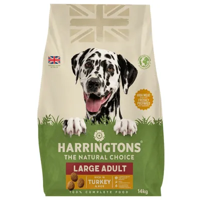 Harringtons The Natural Choice Large Adult, rich in turkey and rice, 100% complete food, high meat freshly prepared, 14kg. Product made in the UK.