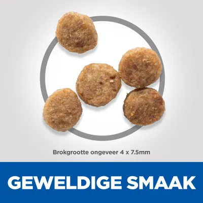 Vijf brokjes, brokgrootte ongeveer 4 x 7,5 mm. Tekst: GEWELDIGE SMAAK.