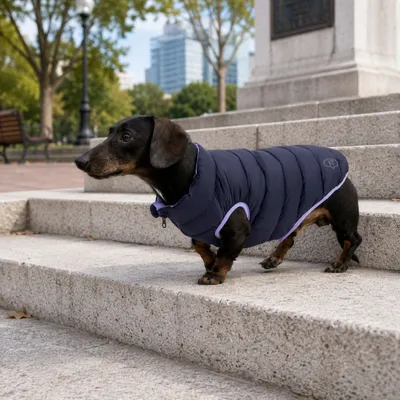 Dackel trägt eine dunkelblaue, gesteppte Hundejacke mit hellem Rand und Stehkragen auf einer Steintreppe im Freien. Dackel trägt eine dunkelblaue, gesteppte Hundejacke mit hellem Rand und Stehkragen auf einer Steintreppe im Freien.