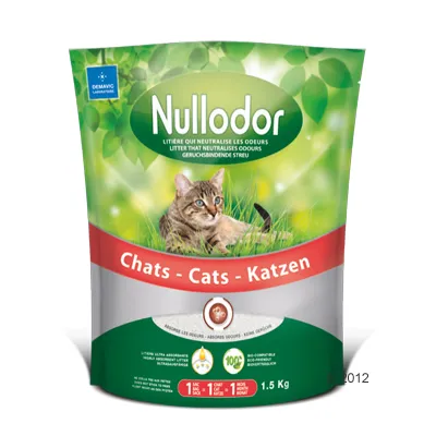 Nullodor lugtbindende kattegrus, 1,5 kg. 100% biologisk nedbrydeligt, neutraliserer lugte, absorberer væsker. Demavic Laboratoire.