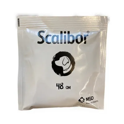 Confezione Scalibor, 48 cm, con disegno di collare per cane e marchio MSD Animal Health visibili sulla confezione.