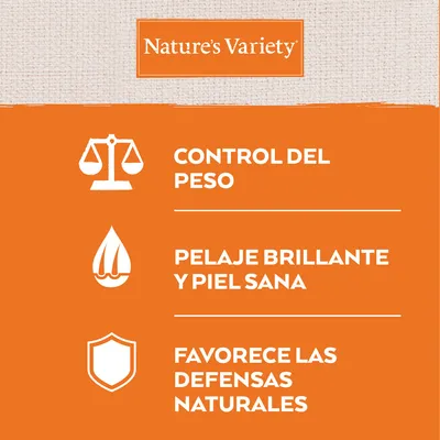 Nature’s Variety. Control del peso. Pelaje brillante y piel sana. Favorece las defensas naturales.