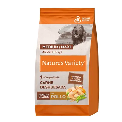 Saco de pienso Nature's Variety Medium/Maxi Adult (+10 kg), 1er ingrediente carne deshuesada, con pollo, healthy grains, proteína, calidad, digestibilidad, packaging reciclable.