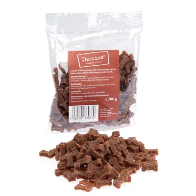 Упаковка Chewies Wildknochen 200 г с коричневыми лакомствами в форме косточек, виден состав и штрихкод на этикетке.