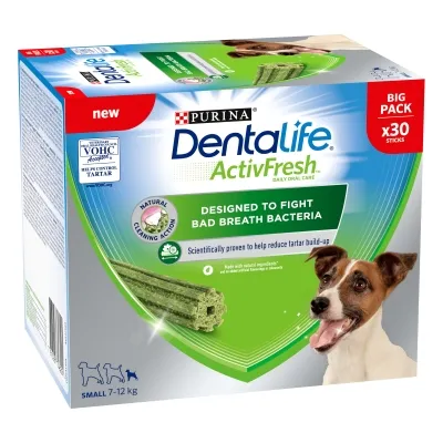 Dentalife ActivFresh pack, 30 sticks, designed to fight bad breath bacteria and reduce tartar build-up. Natural cleaning action. For small pets weighing 7-12 kg.