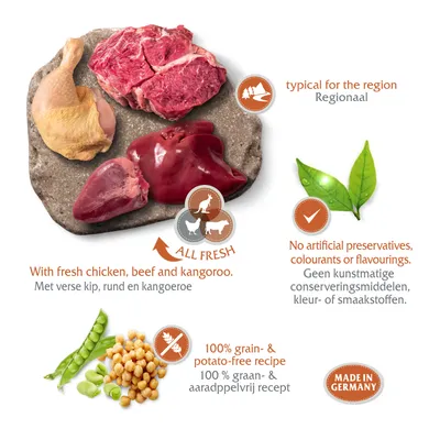 Met verse kip, rund en kangoeroe. Geen kunstmatige conserveringsmiddelen, kleur- of smaakstoffen. 100% graan- & aardappelvrij recept. Made in Germany. Regionaal.