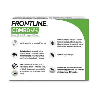 Frontline Combo Spot-On Gato. Solución de aplicación puntual para gatos. Elimina pulgas, garrapatas y piojos, previene su desarrollo y protege contra reinfestaciones hasta 4 semanas.