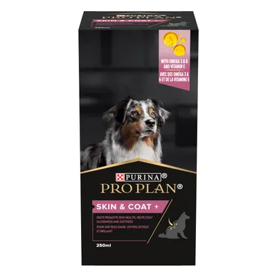 Purina Pro Plan Skin & Coat+ 250ml box with dog image. Visible text: With Omega 3 & 6 and Vitamin E. Helps promote skin health, helps coat glossiness and softness.