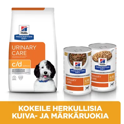 Hill's Prescription Diet Urinary Care c/d multicare -kuivaruoka ja märkäruokapurkit koirille. Teksti: Kokeile herkullisia kuiva- ja märkäruokia.