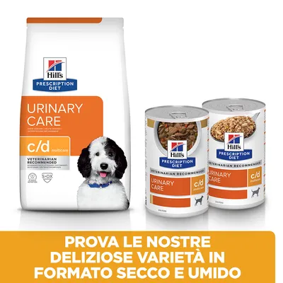 Hill's Prescription Diet Urinary Care c/d multicare per cani, confezione di crocchette e due lattine. Testo: Prova le nostre deliziose varietà in formato secco e umido.