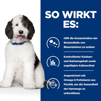 Texte en allemand : So wirkt es. Hilft die Konzentration der Bestandteile von Blasensteinen zu senken, kontrollierter Kalzium- und Natriumgehalt, angereichert mit Omega-3-Fettsäuren.