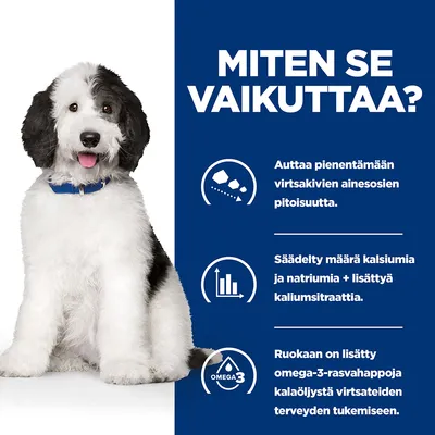 MITEN SE VAIKUTTAA? Auttaa pienentämään virtsakivien ainesosien pitoisuutta. Säädelty määrä kalsiumia ja natriumia + lisättyä kaliumsitraattia. Lisätty omega-3-rasvahappoja kalaöljystä.