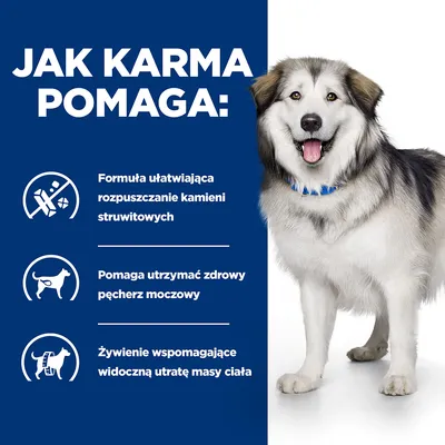 Jak karma pomaga: formuła ułatwiająca rozpuszczanie kamieni struwitowych, pomaga utrzymać zdrowy pęcherz moczowy, żywienie wspomagające widoczną utratę masy ciała.