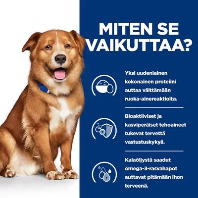 MITEN SE VAIKUTTAA? Yksi uudenlainen kokonainen proteiini auttaa välttämään ruoka-aine­reaktioita. Bioaktiiviset ja kasvipohjaiset tehoaineet tukevat tervettä vastustuskykyä. Kalaöljystä saadut omega-3-rasvahapot auttavat pitämään ihon terveenä.