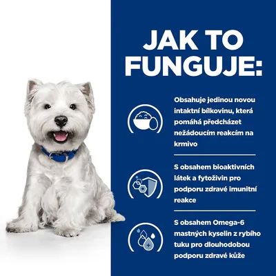 Text v češtine: Jak to funguje. Obsahuje jedinou novou intaktní bílkovinu, bioaktivní látky a Omega-6 mastné kyseliny z rybieho tuku na podporu imunity a zdravej kože.