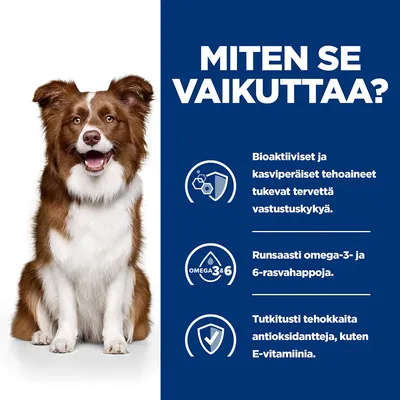 Teksti: Miten se vaikuttaa? Bioaktiiviset ja kasviperäiset tehoaineet tukevat tervettä vastustuskykyä. Runsaasti omega-3- ja 6-rasvahappoja. Tehokkaita antioksidantteja, kuten E-vitamiinia.