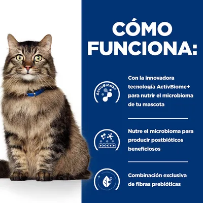 CÓMO FUNCIONA: Con la innovadora tecnología ActivBiome+ para nutrir el microbioma de tu mascota. Nutre el microbioma para producir postbióticos beneficiosos. Combinación exclusiva de fibras prebióticas.