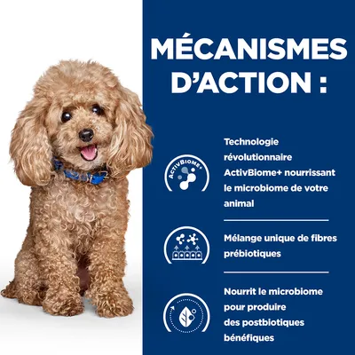 MÉCANISMES D’ACTION : Technologie révolutionnaire ActivBiome+ nourrissant le microbiome de votre animal, mélange unique de fibres prébiotiques, produit des postbiotiques bénéfiques.