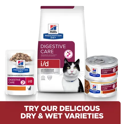 Hill's Prescription Diet Digestive Care i/d száraz és nedves macskaeledel csomagolások: tasak, nagy zsák, két konzerv. Felirat: TRY OUR DELICIOUS DRY & WET VARIETIES.