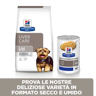 Hill's Prescription Diet Liver Care l/d per cani, confezione secca e umida visibili. Testo: Prova le nostre deliziose varietà in formato secco e umido.