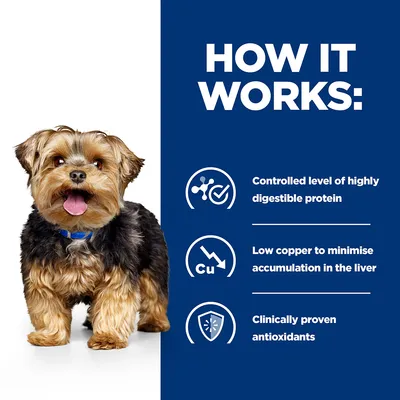 How it works: controlled level of highly digestible protein, low copper to minimise accumulation in the liver, clinically proven antioxidants. Dog shown beside text.