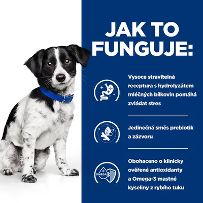 Jak to funguje: Vysoce stravitelná receptura s hydrolyzátem mléčných bílkovin pomáhá zvládat stres, jedinečná směs prebiotik a zázvoru, obohaceno o antioxidanty a Omega-3 z rybího tuku.