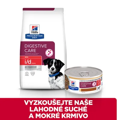 Hill's Prescription Diet Digestive Care MINI i/d stress suché a mokré krmivo pre psov, odporúčané veterinárom. Text v češtine: VYZKOUŠEJTE NAŠE LAHODNÉ SUCHÉ A MOKRÉ KRMIVO.