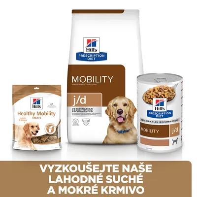 Hill's Prescription Diet Mobility j/d suché a mokré krmivo, Healthy Mobility pamlsky. Text: VYZKOUŠEJTE NAŠE LAHODNÉ SUCHÉ A MOKRÉ KRMIVO.