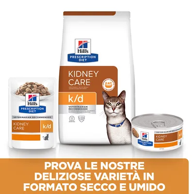 Hill's Prescription Diet Kidney Care k/d per gatti, confezioni di cibo secco e umido. Testo: Prova le nostre deliziose varietà in formato secco e umido.