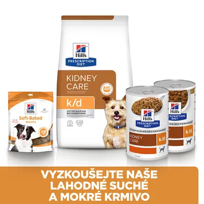 Hill's Prescription Diet Kidney Care k/d suché a mokré krmivo, Soft-Baked Biscuits pre psov. Text: Vyskúšajte naše lahodné suché a mokré krmivo.