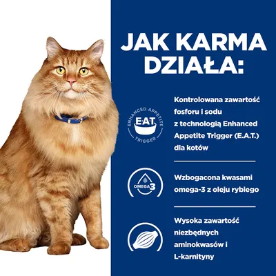 Jak karma działa: kontrolowana zawartość fosforu i sodu z technologią Enhanced Appetite Trigger (E.A.T.), omega-3 z oleju rybiego, wysoka zawartość aminokwasów i L-karnityny.